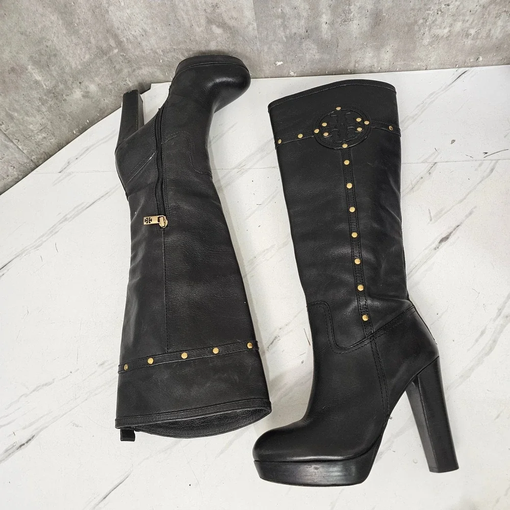 Tory Burch Colleen Black Leather Knee High Boots 6M Gold Stud Logo Heels Brazil‎